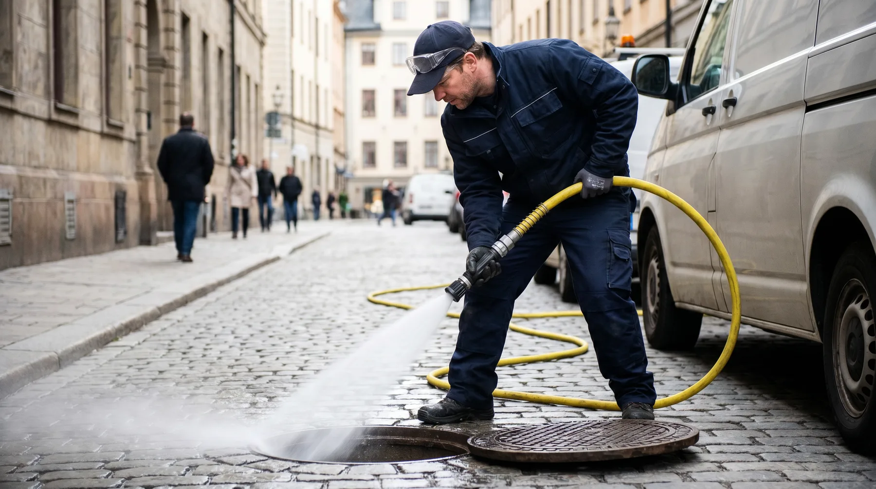 Plombier Canal Pro 92 opérant une pompe haute pression pour l'hydrocurage d'un regard de canalisation dans une rue parisienne pavée