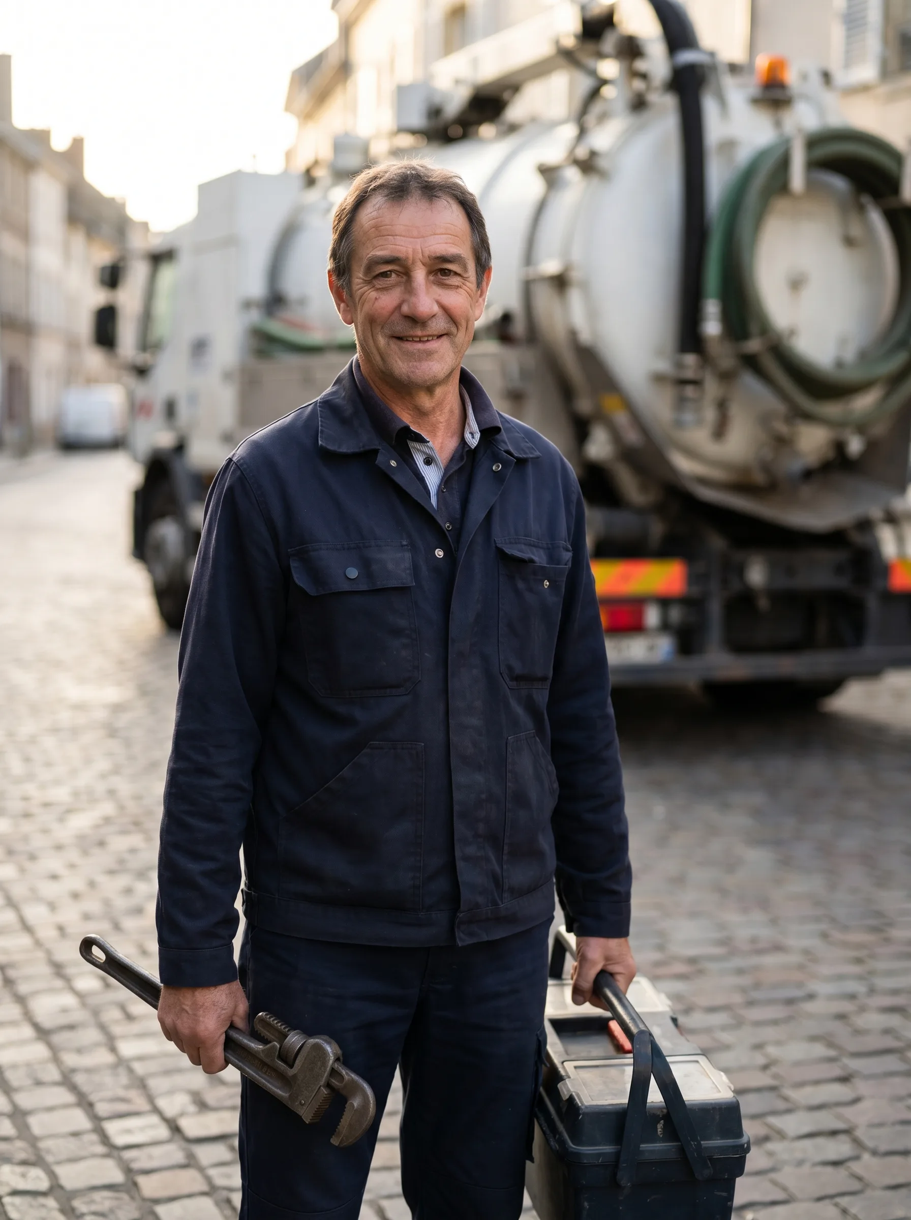 Maître plombier Canal Pro 92, artisan en uniforme bleu marine devant un camion d'hydrocurage