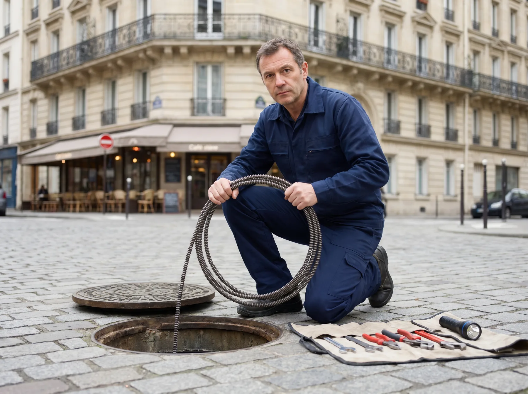 Technicien Canal Pro 92 en intervention sur un regard de canalisation, outils prêts sur le trottoir